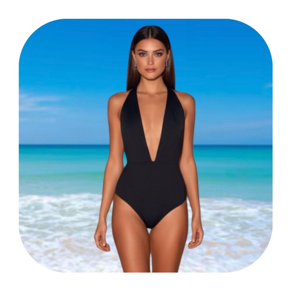 Lulus S black plunge halter swimsuit - Picture 3 of 13